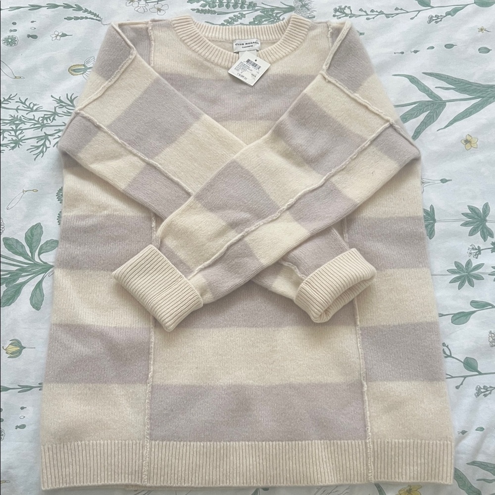 Club Monaco Oversized Boiled Cashmere Sweater Cream and Tan Striped - Picture 3 of 4